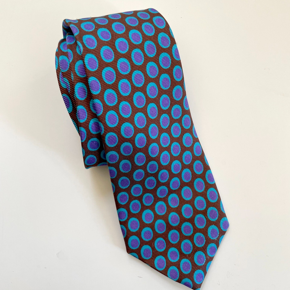 Barneys New York Silk Neck Tie Polka Dot Brown Teal Purple Italy 4" x 62"
